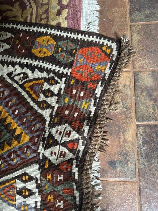 Turkish Handwoven Flat Weave Wool Kilim Rug Black Brown Cream Orange Blue gallery