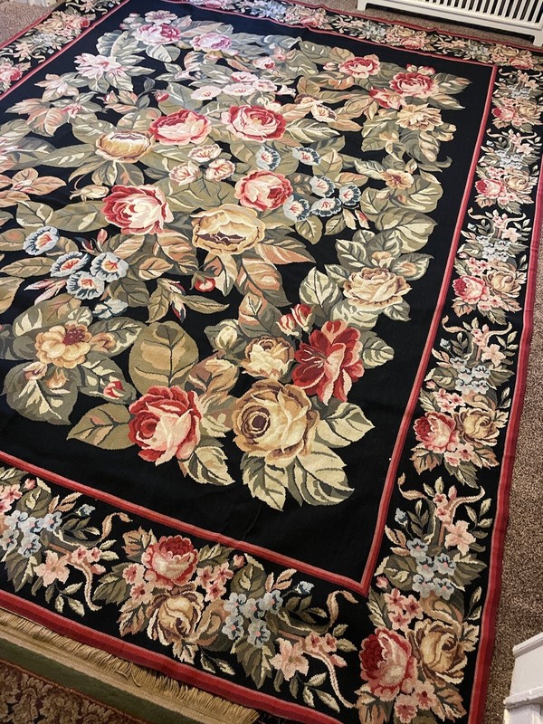 1920s American 7'7" x 9'7" Floral Needlepoint on Black Background Area Rug gallery