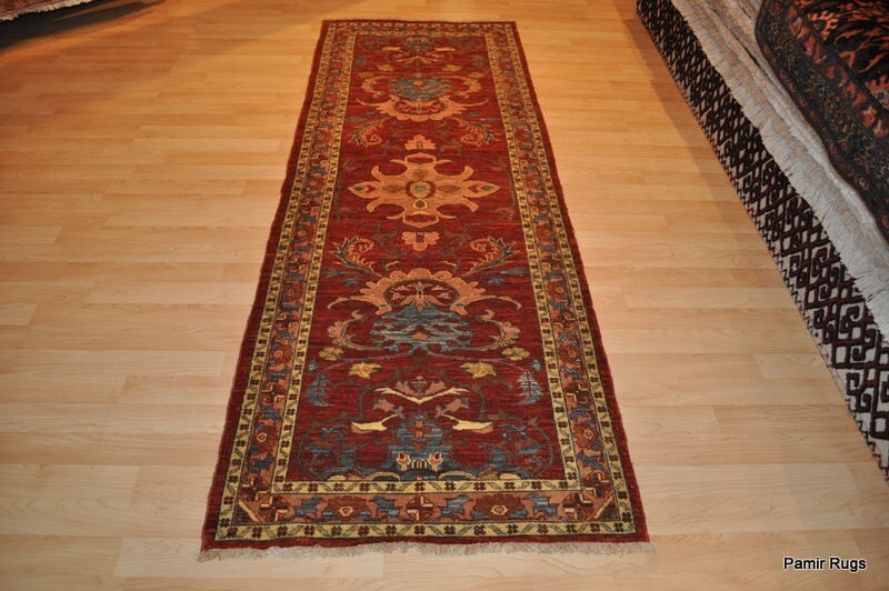 8 FT. NATURAL DYE FLORAL design rust, cream & Blue. HANDMADE chobi rug.