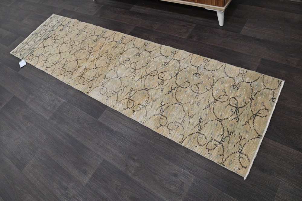 Vintage Turkish Runner Rug 2x7ft BEIGE Handmade Anatolian Oushak Hallway Wool