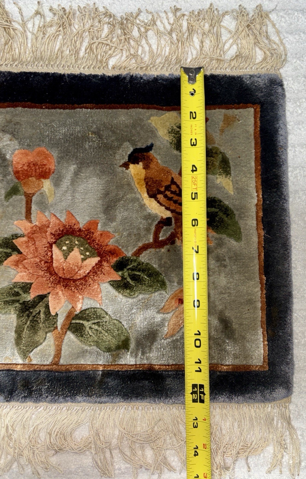 Small Vintage Chinese Oriental Silk Rug 12x12 Bird On Branch-Floral gallery