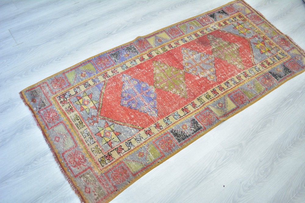 Old Colorful Handmade Vintage Runner, 2x5.4ft, Antique Turkish Geometric Runner