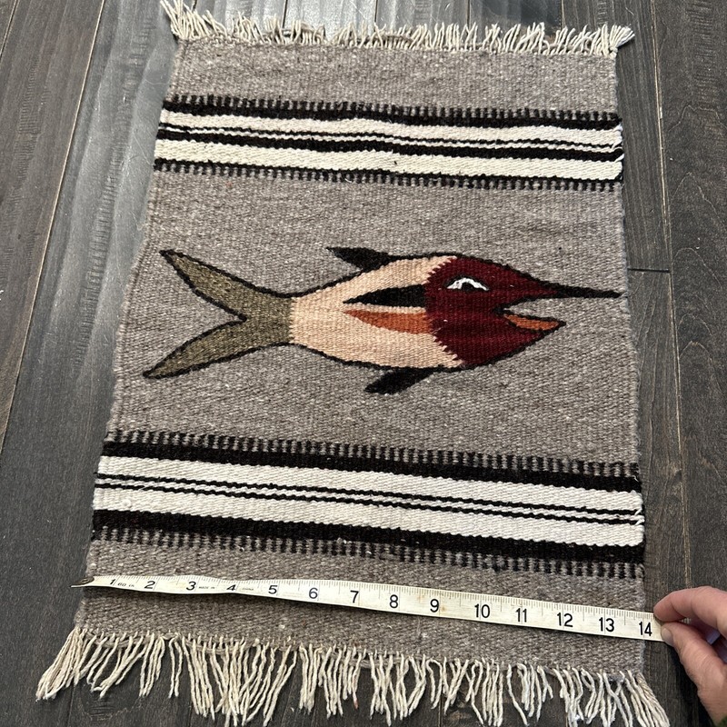 Hand Woven Wool Rug Wall Hanging Native American Tribal Fish 14x18 gallery