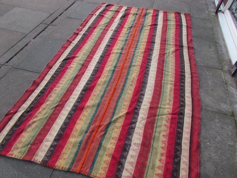 Vintage Tribal Nomadic Hand Made Oriental Orange Red Wool Mojj Kilim 265x150cm gallery