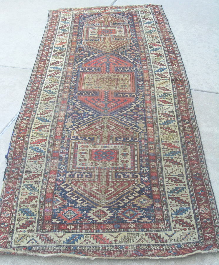 Antique Caucasian Kazak Geometrical Runner 37x105"