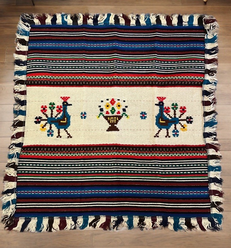 Vintage Kilim Peacocks South American Wool Fringed Rug Throw 33”x31” Colorful
