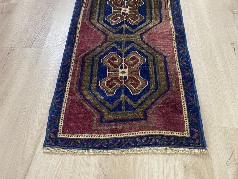 Vintage Turkish Blue Runner Rug 1.5x3.7 Ft HandKnotted Wool Tribal Hallway Carpt gallery