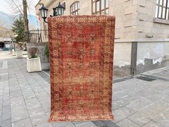 3.9×6.8 ft Vintage Turkish Oushak Rug Faded Red Ivory Boho Area Rug