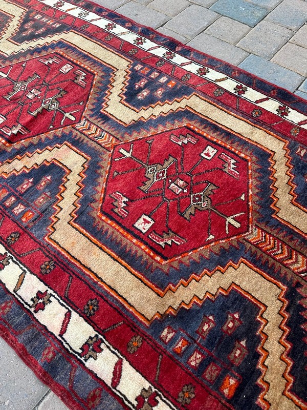 Handmade Vintage Tribal & Geometric Colorful Turkish Runner, Distressed, 4x10 gallery