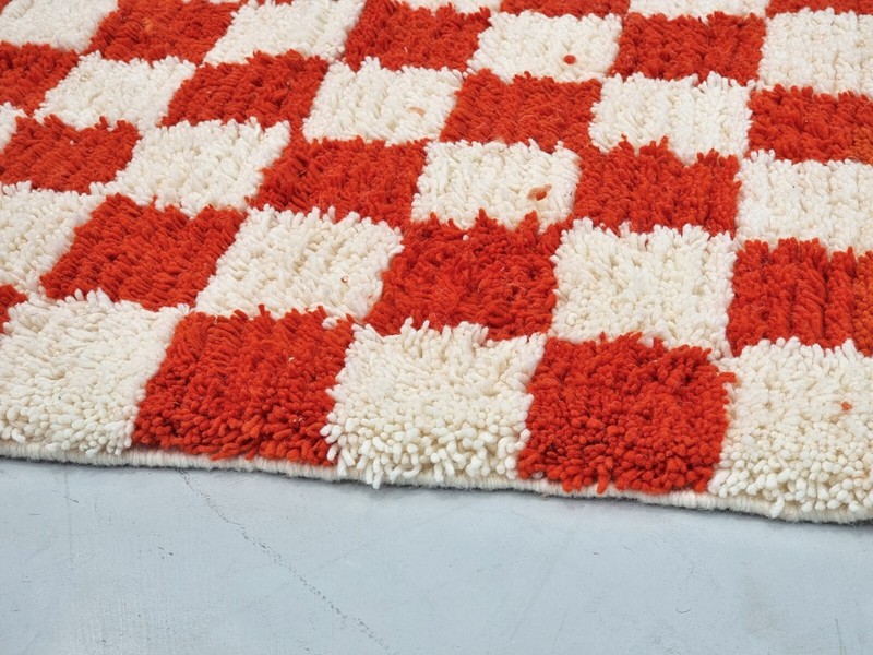 Moroccan Handmade BeniOurain Rug5'3x8'7 Berber Checkered Orange & White Wool Rug gallery