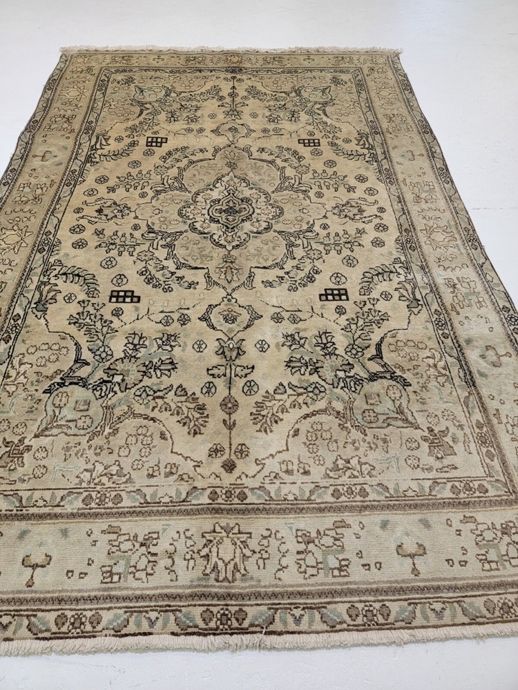 Antique Oriental Hand-Knotted Wool Area Rug Distressed Beige/Green 6'6" x 9'8"