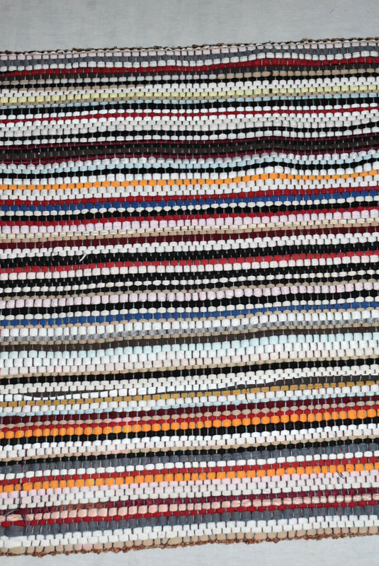 PRIMITIVE VINTAGE striped RAG RUG BLUE white red+ 44 1/2" X 24 1/2" FARM EUC gallery
