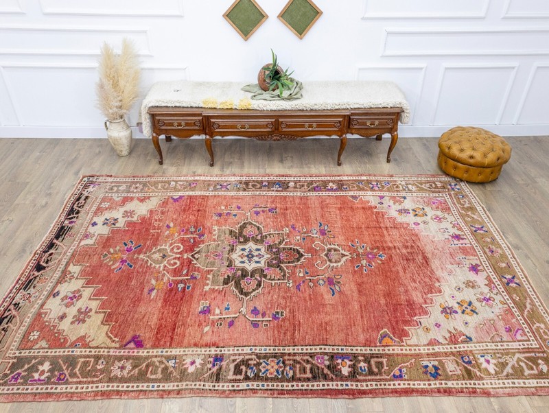 Large Vintage Turkish Kars Oushak Rug -Boho Rustic Hand-Knotted Wool 7x11.5 ft gallery