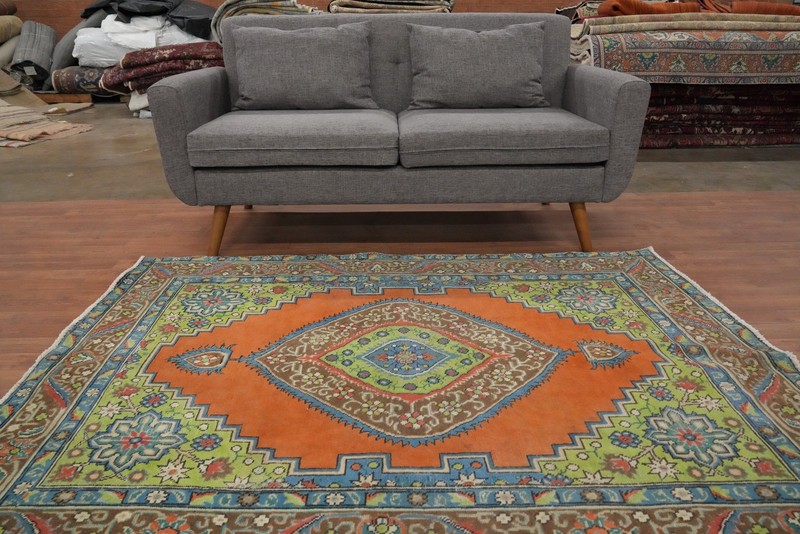 Orange/ Brown Wool Geometric Traditional Over-dyed Rug 5x6 ft Hand-knotted gallery