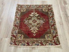 Vintage Turkish Area Rug 2.2×2.4 Ft Hand Knotted Wool Boho Accent Square Carpet