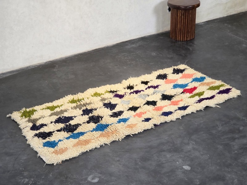 Moroccan Handmade Vintage Rug 2'5x6 Berber Geometric Cream & Black Cotton Rug gallery