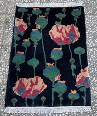 2×3 Afghan Hand Knotted Rug Pictorial Poppy Opium Black Wool Carpet New