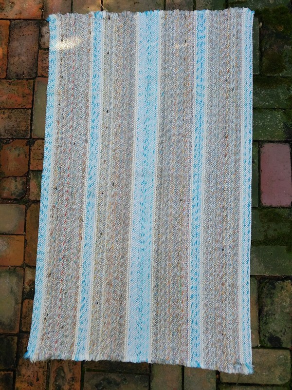 Vintage Cottage Core Rag Rug Blue and Gray stripes 26 x 44 in. VGC gallery