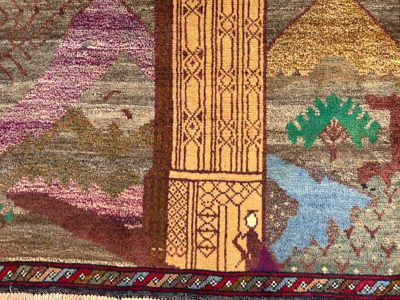 Blue Beige Minar Rug 3'1x4'8 Hand Knotted Caucasian Tribal Pictorial Wool Rug gallery
