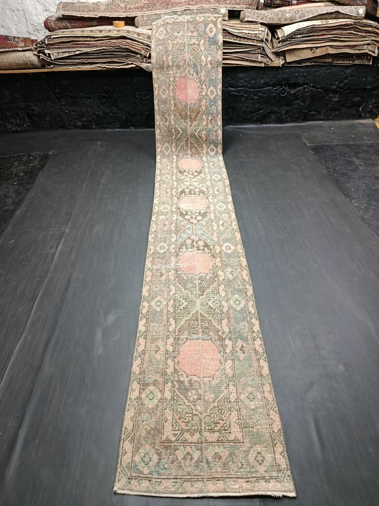 Green Red Geometric Handmade Runner, 1.9x12.2ft, Vintage Turkish Entryway Rug,