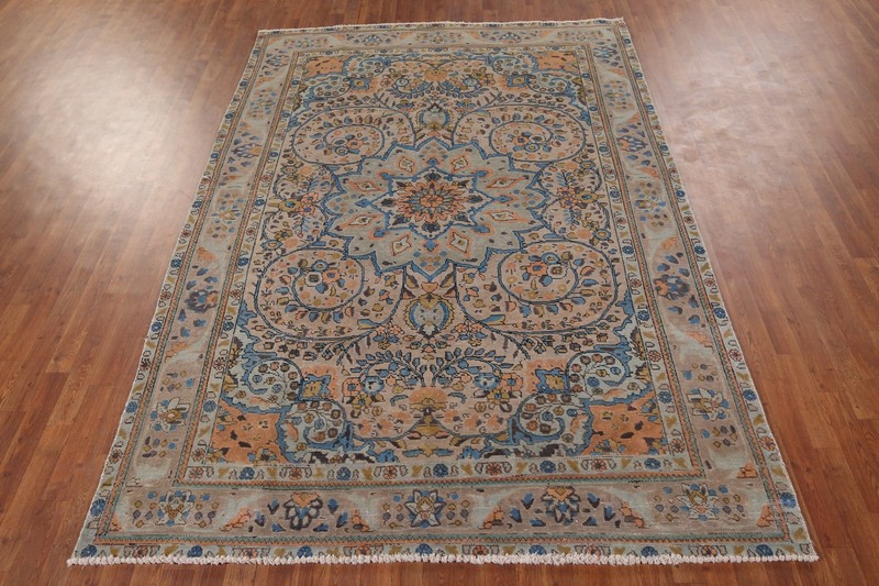 Vintage Brown Wool Over-Dyed Handmade Floral Tebriz Living Room Rug 7x10 Carpet gallery