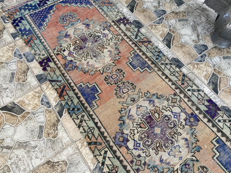 1970s Vintage Turkish Runner Rug | 2.5 x 10.3 ft Hand-Knotted Wool Geometric Rug gallery