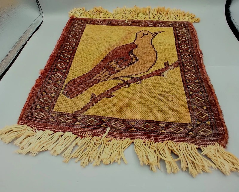 Vintage Small Bird Rug Wall Hanging Textile Folk Art Fringe Hand Woven FREE SHIP gallery
