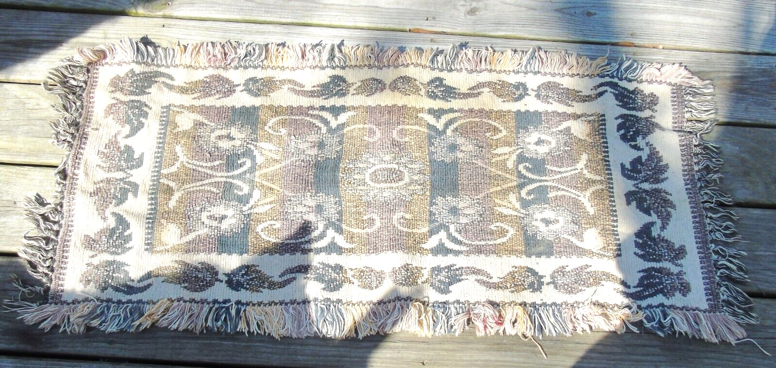 Vintage Small Rag Rug Browns Fringe Leaf Design gallery