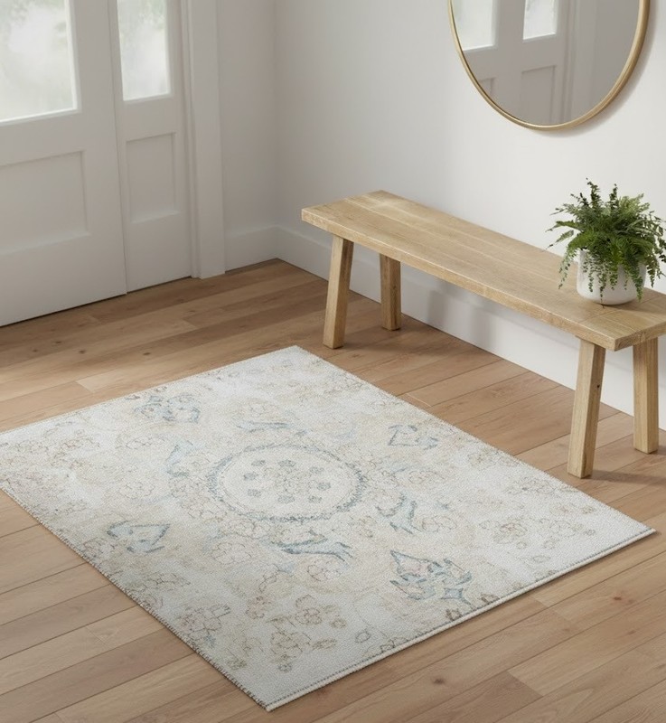 2'6X2'11 Semi-Antique Distressed Oriental Rug Muted Cream Floral Design Carpet gallery