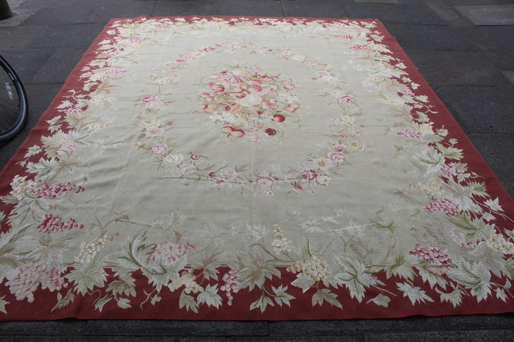 Fine Vintage Hand Made French Design Wool Silk Green Original Aubusson 303X241cm