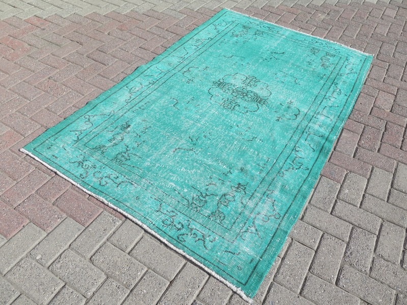 Turkish Turquoise Overdyed Rug, Vintage Wool Carpet, Handwoven Floor Rug 49"X79" gallery