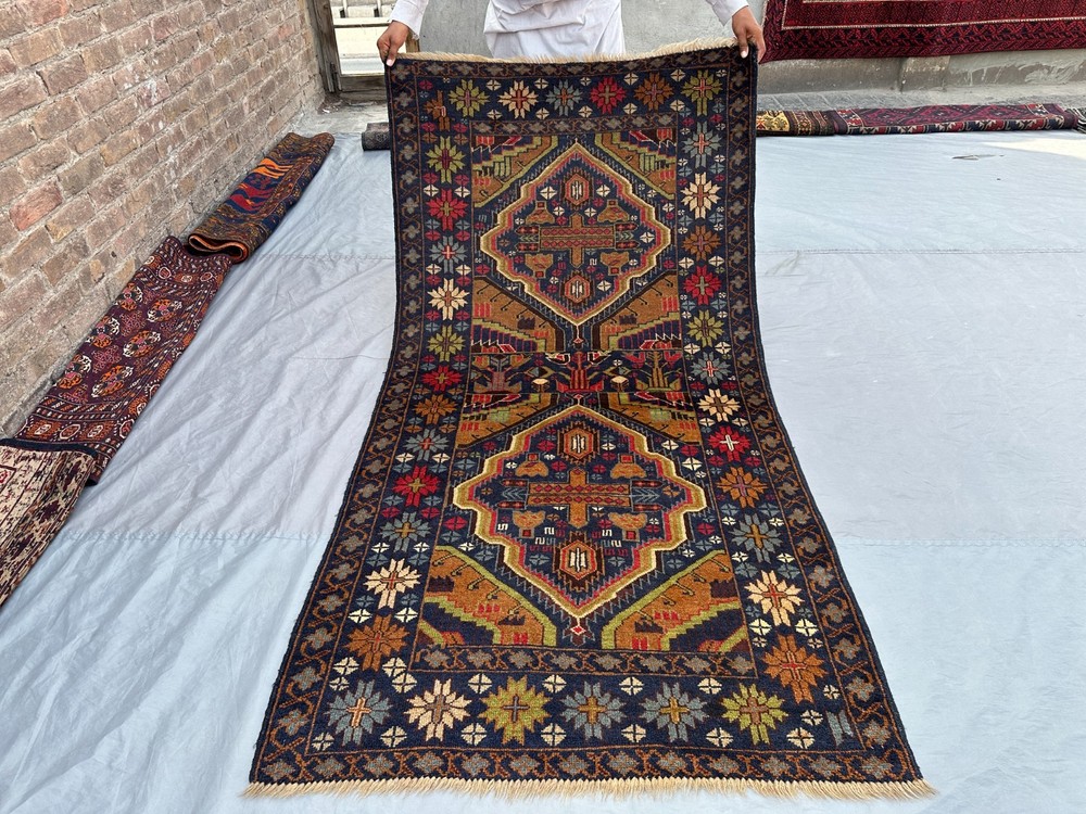 3'7x7 ft Vintage Hand Knotted Wool Rug Tribal Geometric Oriental Kitchen Rug