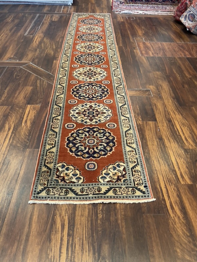Veg dye Hand Knotted Vintage Tribal Geometric Runner Rug Carpet 2'5”x12’11”,1950