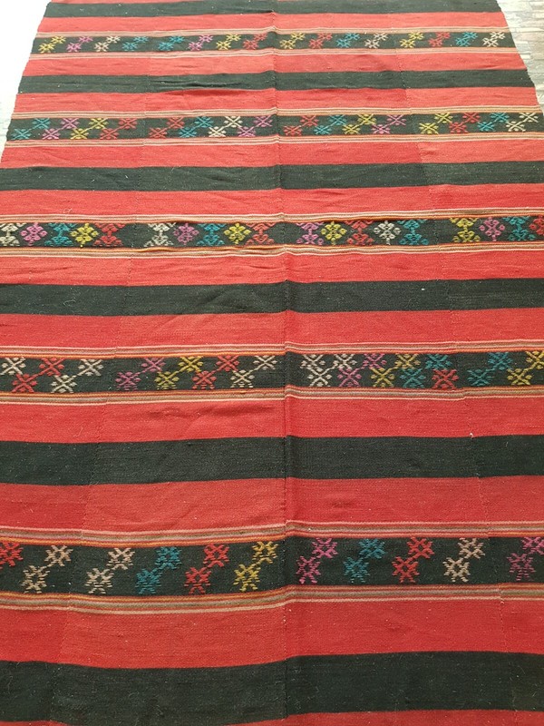 Vintage Handmade Turkish Bohemian Style Wool Kilim Flat-weave Rug 229x167 cm gallery