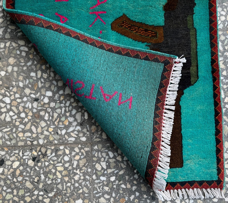 2x3 Afghan Hand Knotted War Rug AK-47 Teal Wool Carpet New gallery