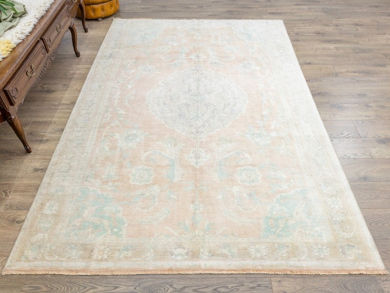 Vintage Turkish Oushak Rug – Coral Wool Oriental – 6'3x9'3 ft Living Room gallery
