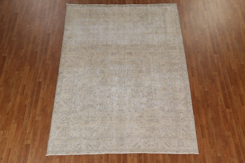 Distressed Floral Area Rug 7x9 Ft Handmade Beige Wool Carpet Floral Vintage Rug gallery