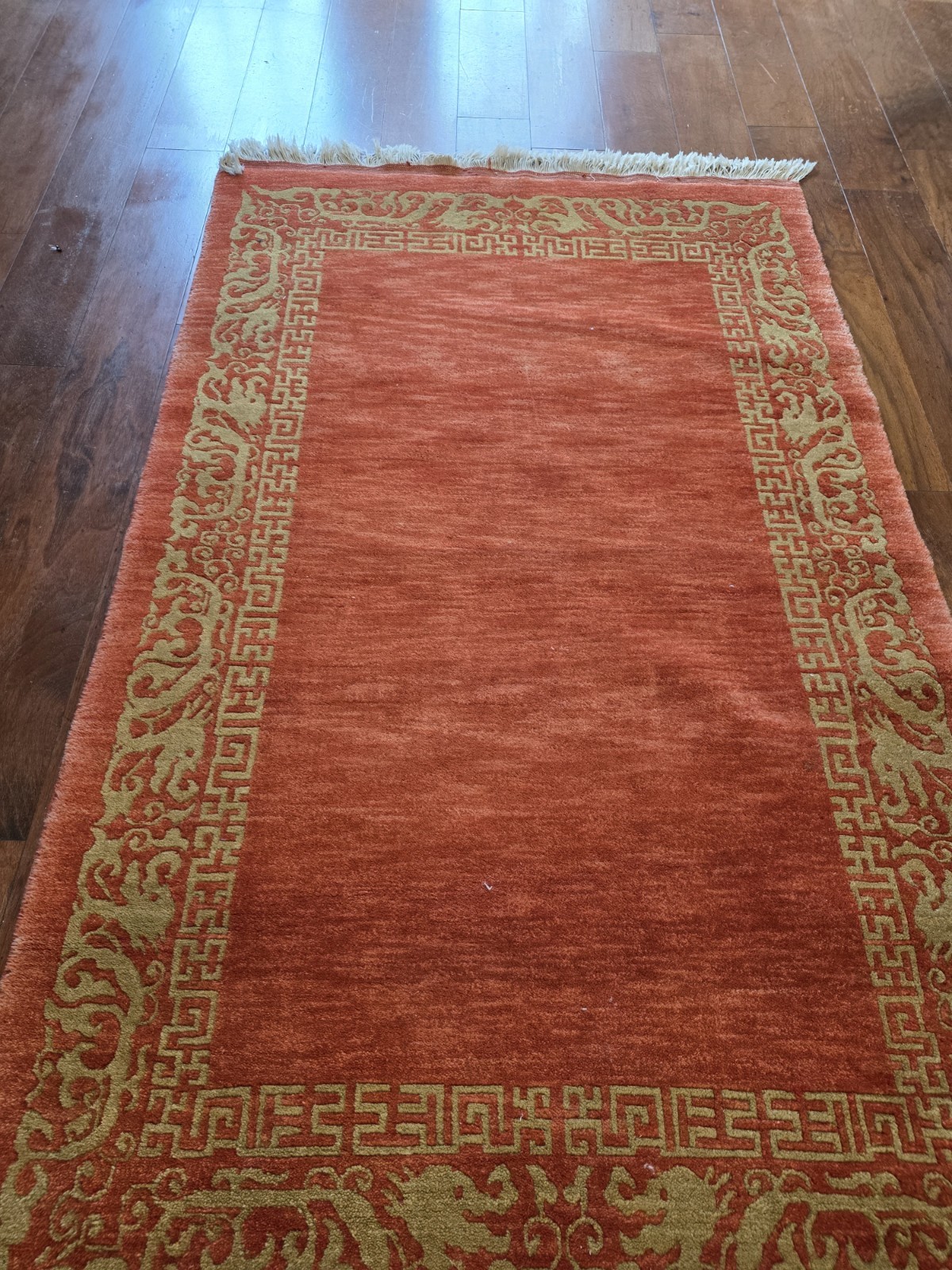 Vintage Chinese Terracotta Orange Dragon Rug Hand Knotted Wool Border Art Deco gallery
