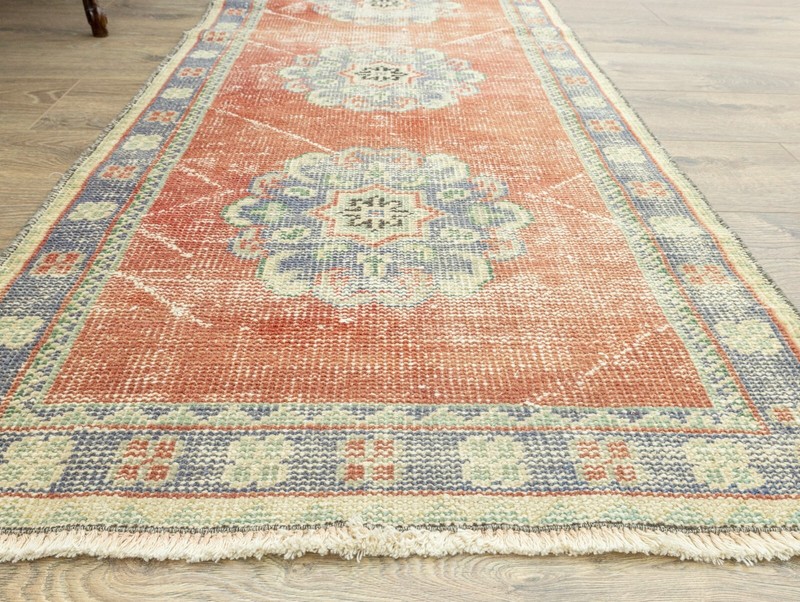 Rustic Turkish Oushak Runner – 2.7x11.7 ft – Distressed Pastel Red & Blue Rug gallery