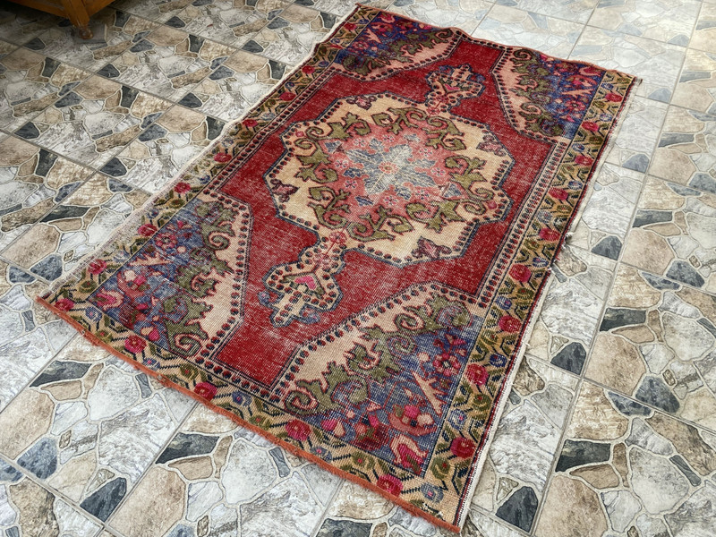 Antique Vintage Turkish Oushak Rug 4x6.6 ft Hand-Knotted Wool Tribal Geometric gallery