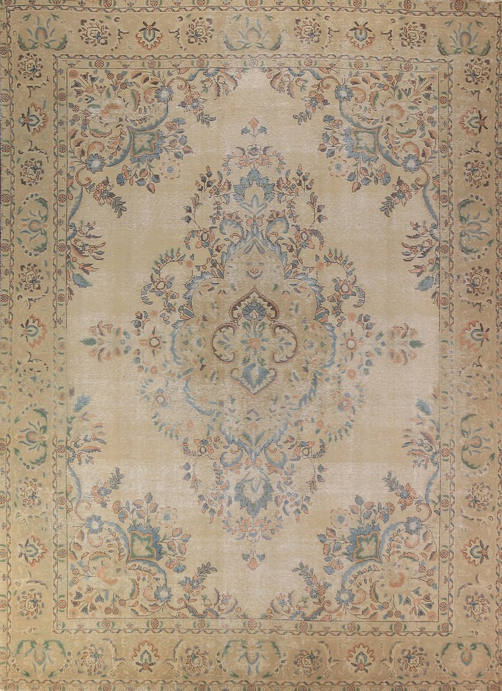 Vintage Muted Floral Wool Tebriz Area Rug 10x13 Hand-knotted Room Size Carpet