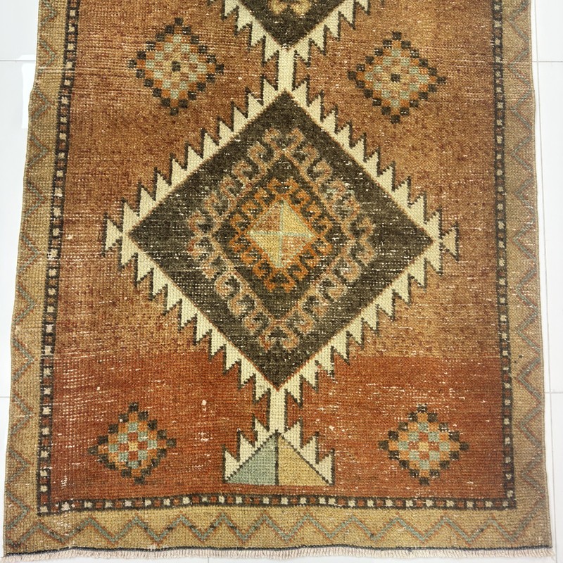 3x11 Terracotta Cream Antique Wool Runner With Dark Brown Motifs- Tariff Free gallery