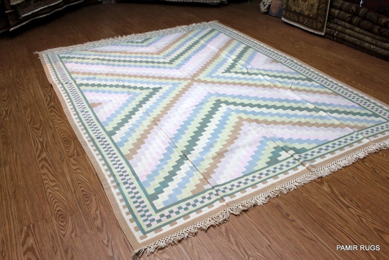 SOUTHWESTERN STYLE Hand made 8X10 WOVEN LIGHT BLUE BEIGE & KHAKI Navajo design gallery