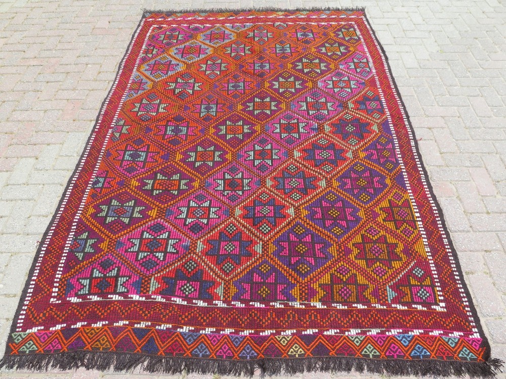 Turkish Kilim Boho Rugs, Handmade Floor Carpet, Multicolor Large Kelim 71"X104"