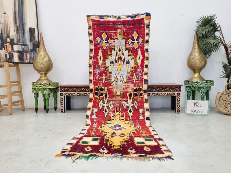 Moroccan Handmade Vintage Rug 2'6x7' Berber Geometric Red & Yellow Cotton Rug gallery