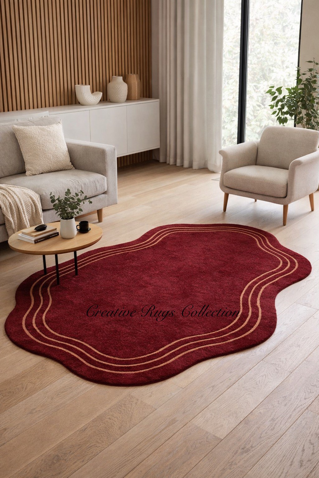Modern Irregular Shape Area Rug | Burgundy Red Carpet with Gold Lines Soft Plush gallery