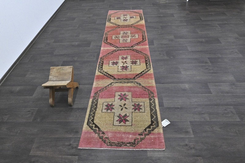 Vintage Turkish Runner Rug 2x10ft Wool Anatolian Handmade Hallway Oushak PINK gallery