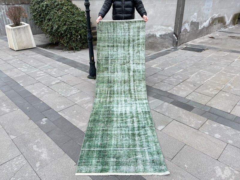 Vintage Turkish Overdyed Runner Rug 2.6x8.6 ft Green Hand Knotted Wool Rug gallery