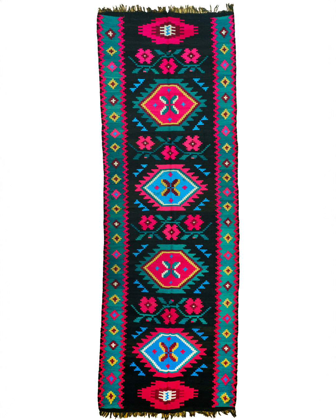Romanian Transylvanian Runner Rug Handwoven Wool Geometric Pink Teal 1970s gallery