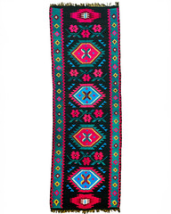 Romanian Transylvanian Runner Rug Handwoven Wool Geometric Pink Teal 1970s